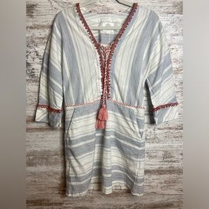 Pomegranate dress Sz XS blue white stripe w/tassel pockets. EUC
